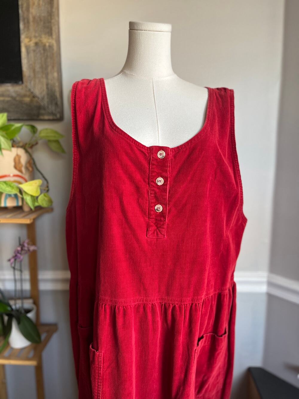 Vintage 90s Pinafore Maxi Dress Red Corduroy Button Down Size 2XL